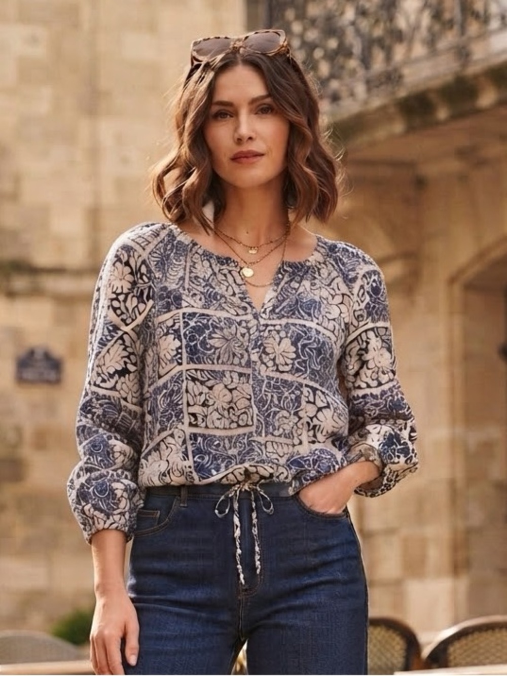 Banana Republic Navy and Cream Floral Block-Print Tunic